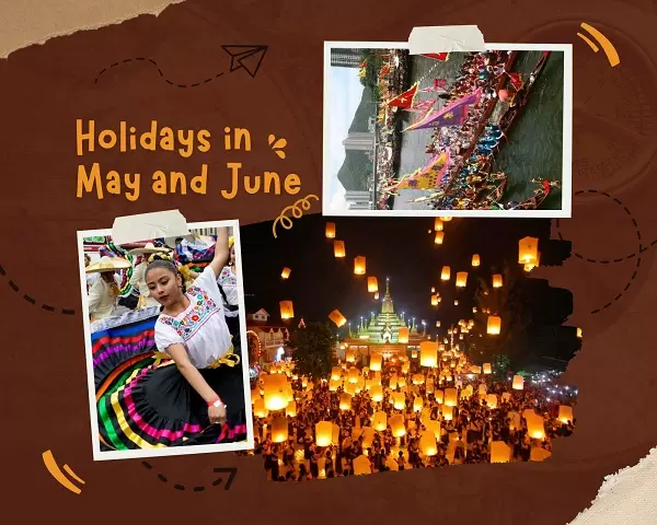 Image features a brown background with torn paper edges in the top left and bottom right corner. There are three photographs of some of the holidays Janne mentions and ‘Holidays in May and June’ in orange text in the top left corner.