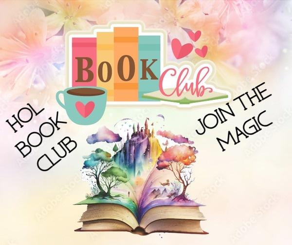  The image shows the HOL book Club ad. It is in pastel colors with an open book in the middle, from which trees, castle and weather show. On each side, there is text, with HOL Book club on the left and Join the Magic on the right. Above it is a mug of coffee and book club graphic with books showing the word Book and Club in hearts.