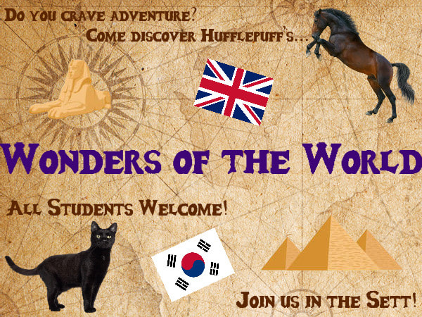 Picture shows an advertisement for Wonders of the World activity in the Sett. All students are welcome to participate. The background is an old-style parchment map and there are several images imposed on it, like a horse, black cat, sphinx, pyramids, South Korean and UK flags.