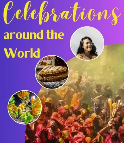 Image shows people celebrating in the bottom right corner. Gold text in the top left reads ‘Celebrations around the world’ over a purple background