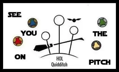 White background featuring the silhouette of three goalposts, a broomstick, and the snitch in the center. Surrounding them are four quaffles, each in a different house color (red, blue, green, yellow) and the text ‘See you on the pitch’ with ‘HOL quidditch’ written beneath.