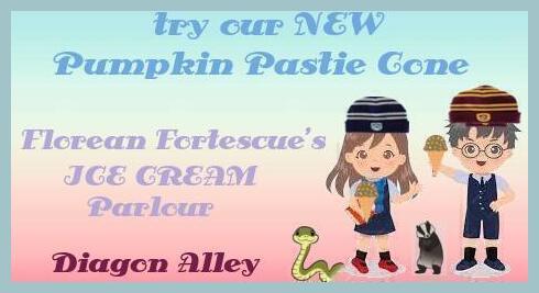 Image has a gradient light blue, purple, and pink background with a light blue border. In the lower right corner are a boy wearing a Gryffindor hat, a girl wearing a Ravenclaw hat, a badger, and a snake. The girl and boy are holding ice cream cones. Text reads ‘try our NEW Pumpkin Pastie Cone’ in blue’, Florean Fortescue’s ICE CREAM Parlour’ in purple, and  ‘Diagon Alley’ in dark red