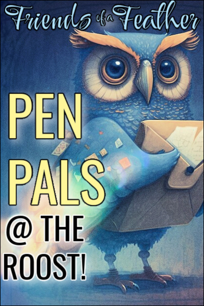 Picture shows an ad for Ravenclaws Pen Pal group Birds of a Feather. It shows a blue toned owl holding a bag full of letters. More to find at the Roost.