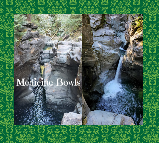 Image features two images of the Medicine Bowls surrounded by a green patterned border. The words ‘Medicine Bowls’ are written in white on the left photo