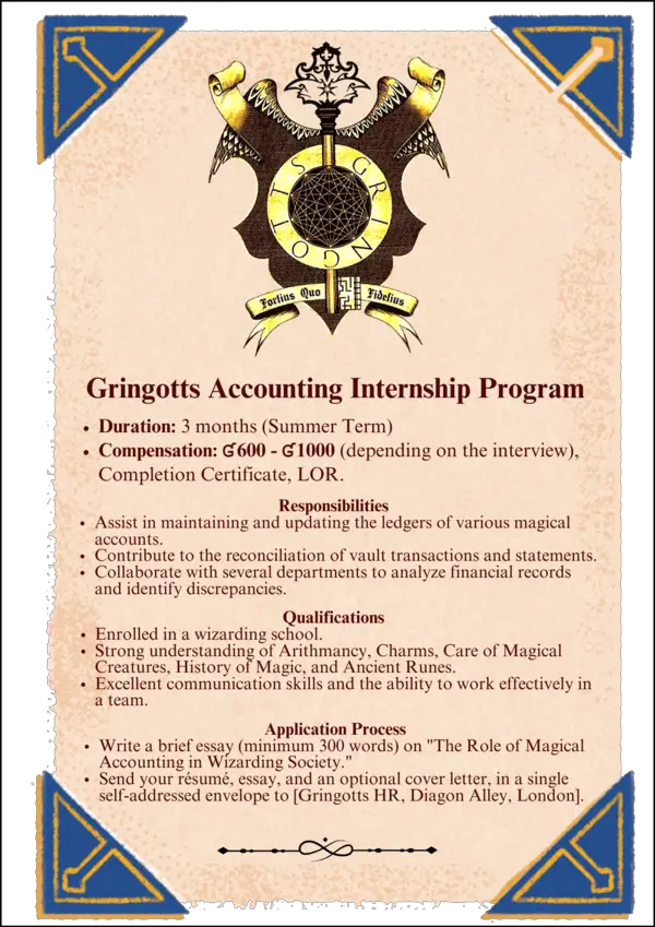 Image shows a parchment background with gold and dark blue corners that advertises the Gringotts' Accounting Internship Program. It also sets out Responsibilities, qualifications needed and the application process.