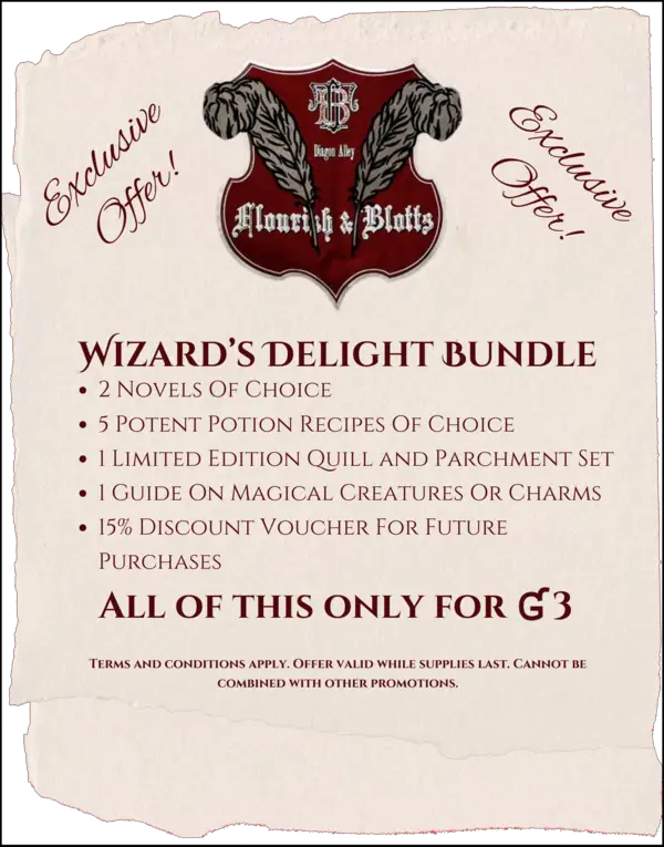 Image shows a parchment poster for a Wizard's delight bundle, an exclusive offer at Flourish and Blotts.
