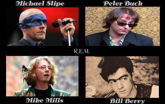 Picture shows a collage of all four R.E.M. members, Michael Stipe, Peter Buck, Mile Mills and Bill Berry.