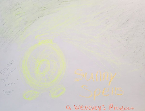 Image shows a bright yellow container spilling sunlight across the page. Text at the left reads ‘Dispell Darkness with Light’ in grey. To the right of the container reads ‘Sunny Spells’ in yellow with ‘A Weasley’s Product’ written in orange at the bottom