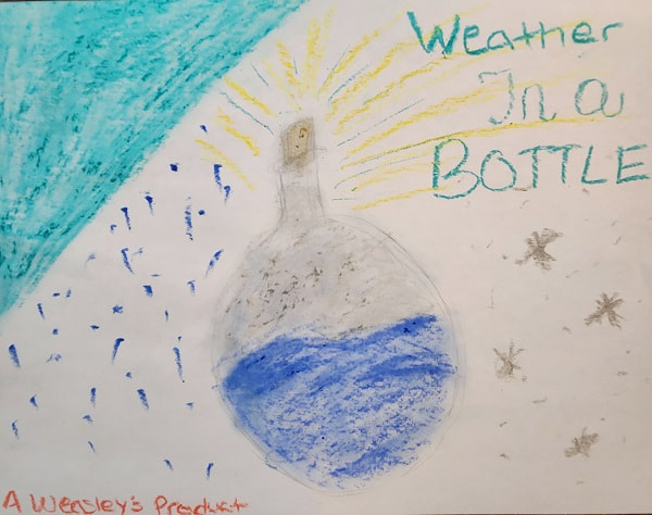 Image shows a potion bottle with blue potion inside. The text reads 'Weather in a Bottle: A Weasley's Product' and there is a blue triangle in the upper left corner.