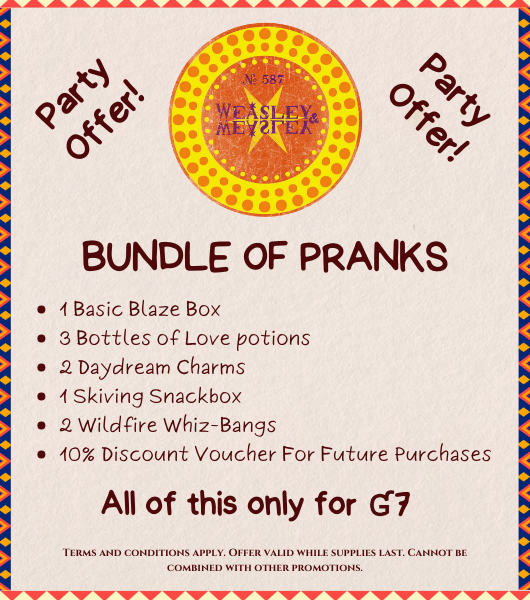 Picture shows Weasleys' Wizard Wheezes Bundle of Pranks promotion for 7 galleons.
